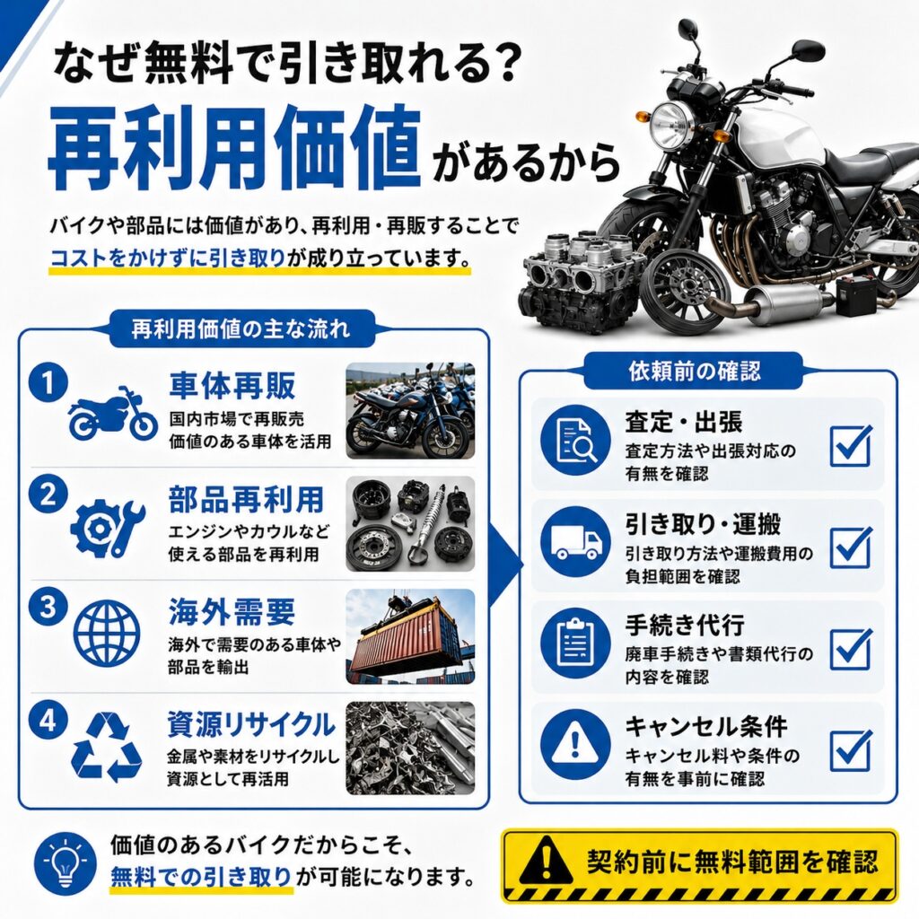 バイクの無料引き取りが成り立つのは再利用価値があるため