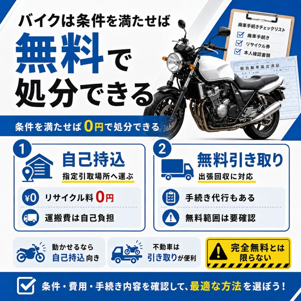 バイクは条件を満たせば無料で処分できる